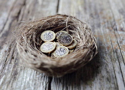 Pound coins in a bird's nest, pension concept